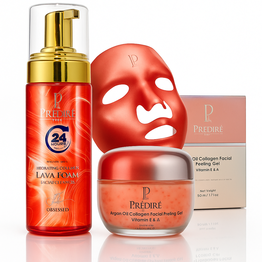 Predire Paris Hydrating Red Lava Foam Cleanser + Red Wine Anti-Aging Mask + Collagen Cell Renewal Argan Oil Peeling Gel Bundle