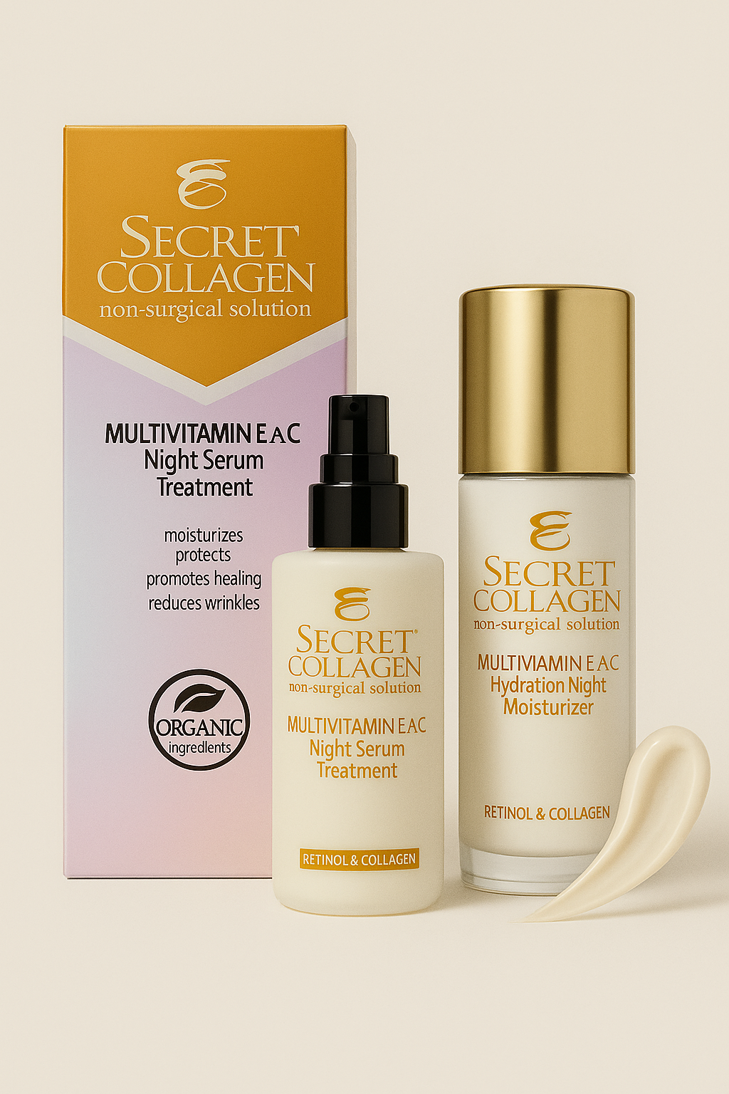Secret Collagen Multivitamin A, E & C Night Serum Treatment + Hydration Night Moisturizer — 2-Piece Bundle