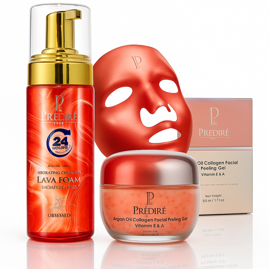 Predire Paris Hydrating Red Lava Foam Cleanser + Red Wine Anti-Aging Mask + Collagen Cell Renewal Argan Oil Peeling Gel Bundle